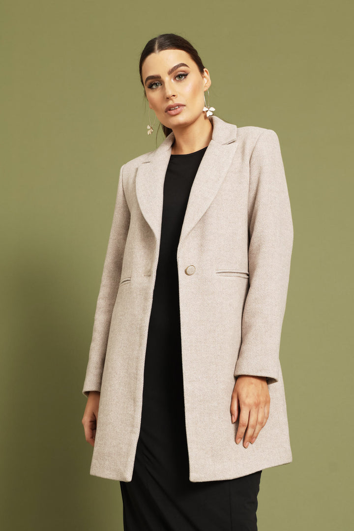 Charlotte Herringbone Single Breasted Coat - Oatmeal