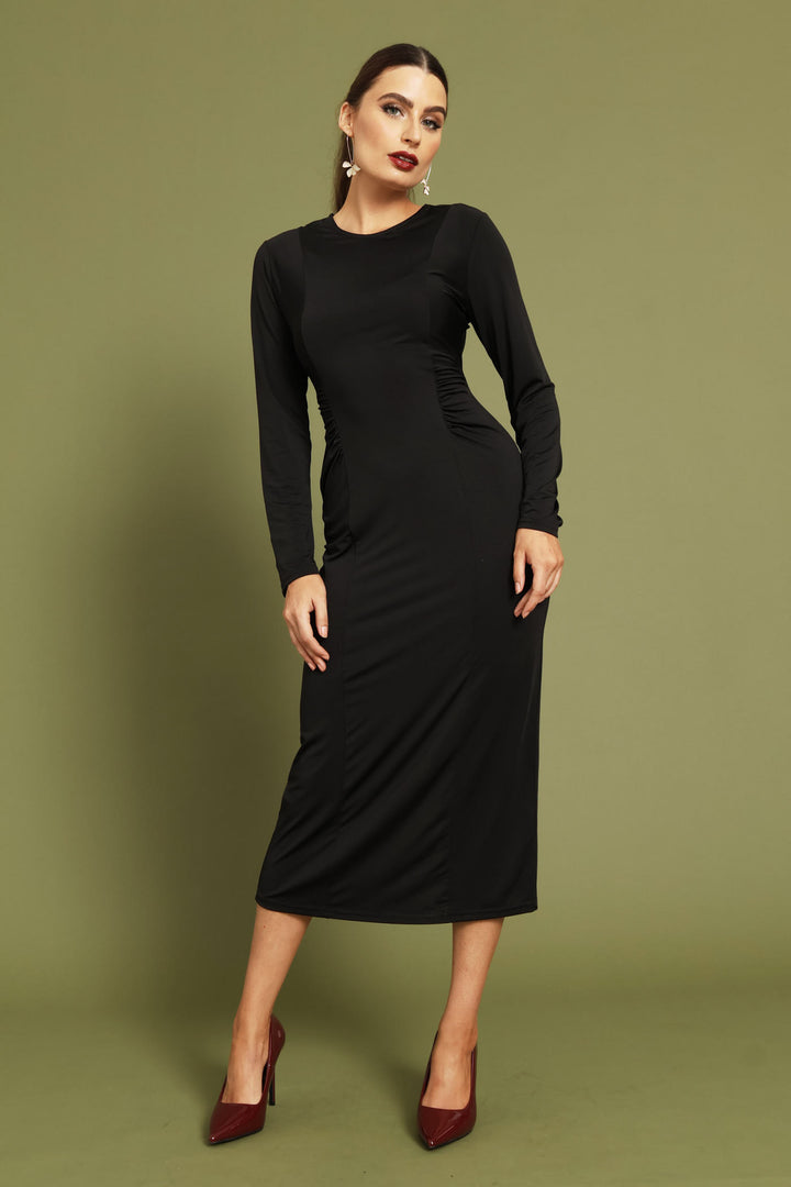 Ruched Panel Long Sleeve Textured Midi Dress - Black