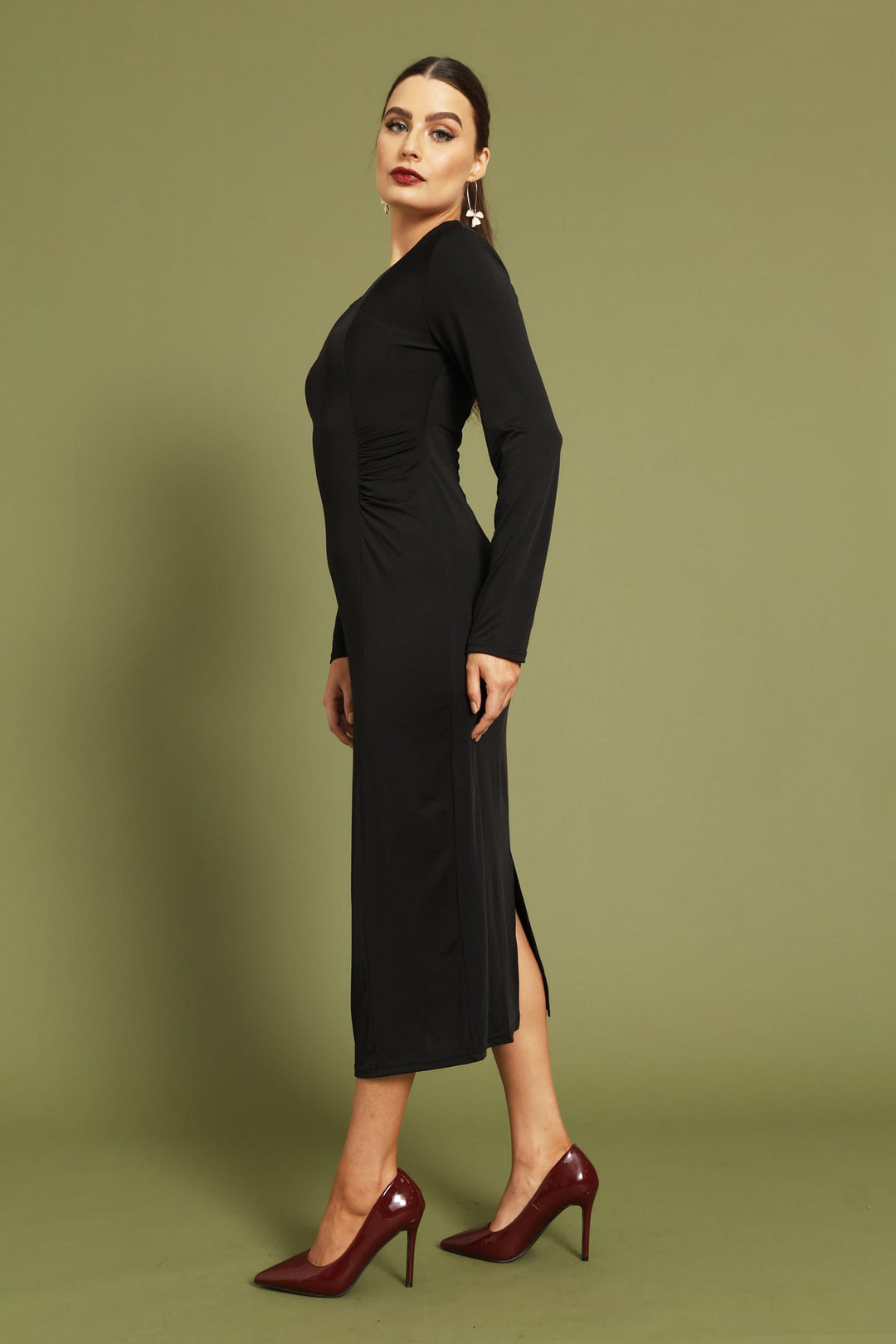 Ruched Panel Long Sleeve Textured Midi Dress - Black