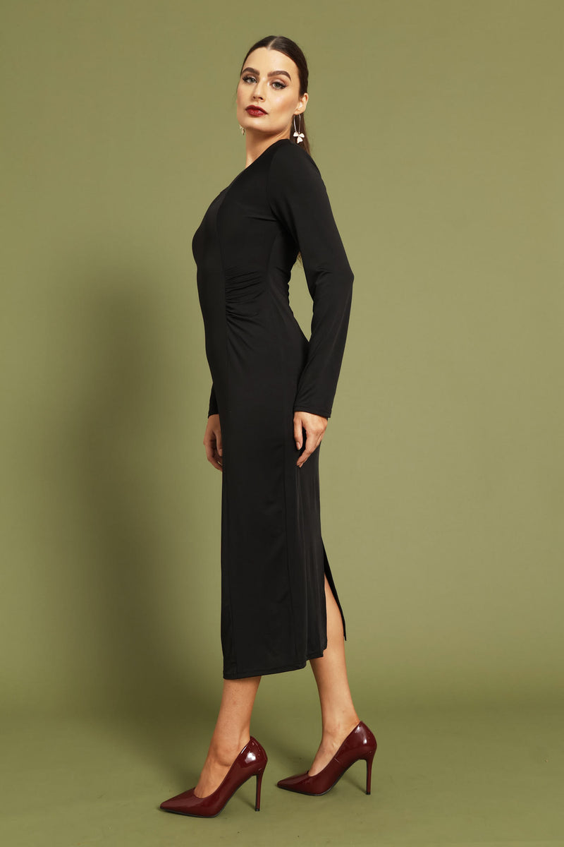 Ruched Panel Long Sleeve Textured Midi Dress - Black