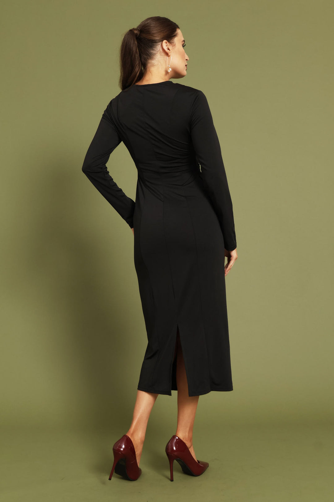 Ruched Panel Long Sleeve Textured Midi Dress - Black
