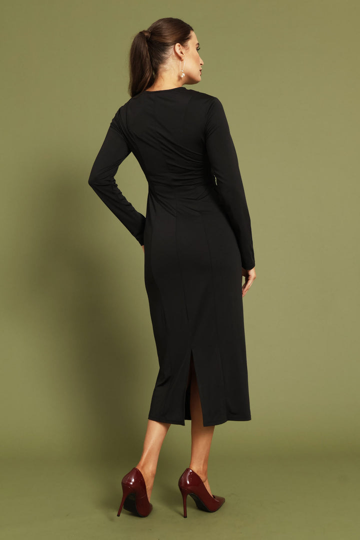 Ruched Panel Long Sleeve Textured Midi Dress - Black