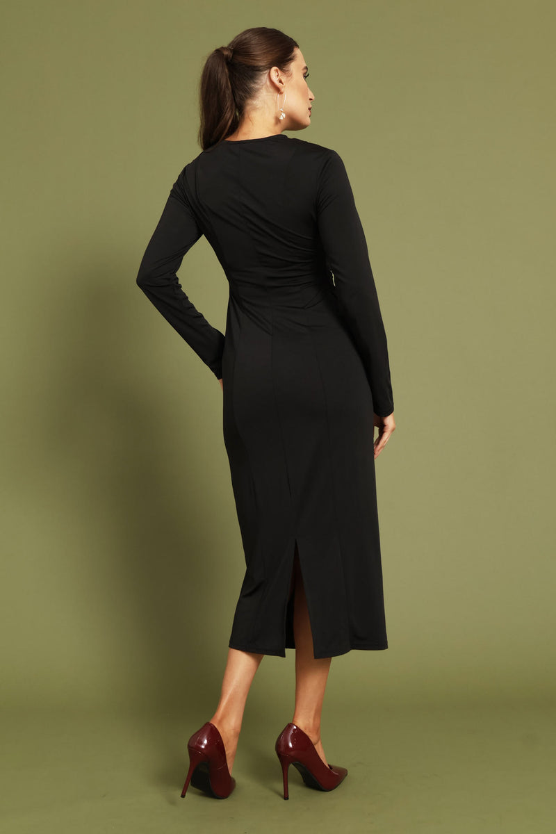 Ruched Panel Long Sleeve Textured Midi Dress - Black