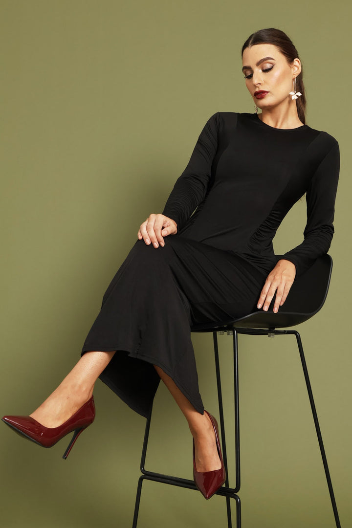 Ruched Panel Long Sleeve Textured Midi Dress - Black