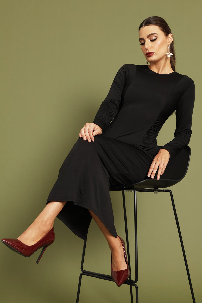 Ruched Panel Long Sleeve Textured Midi Dress - Black