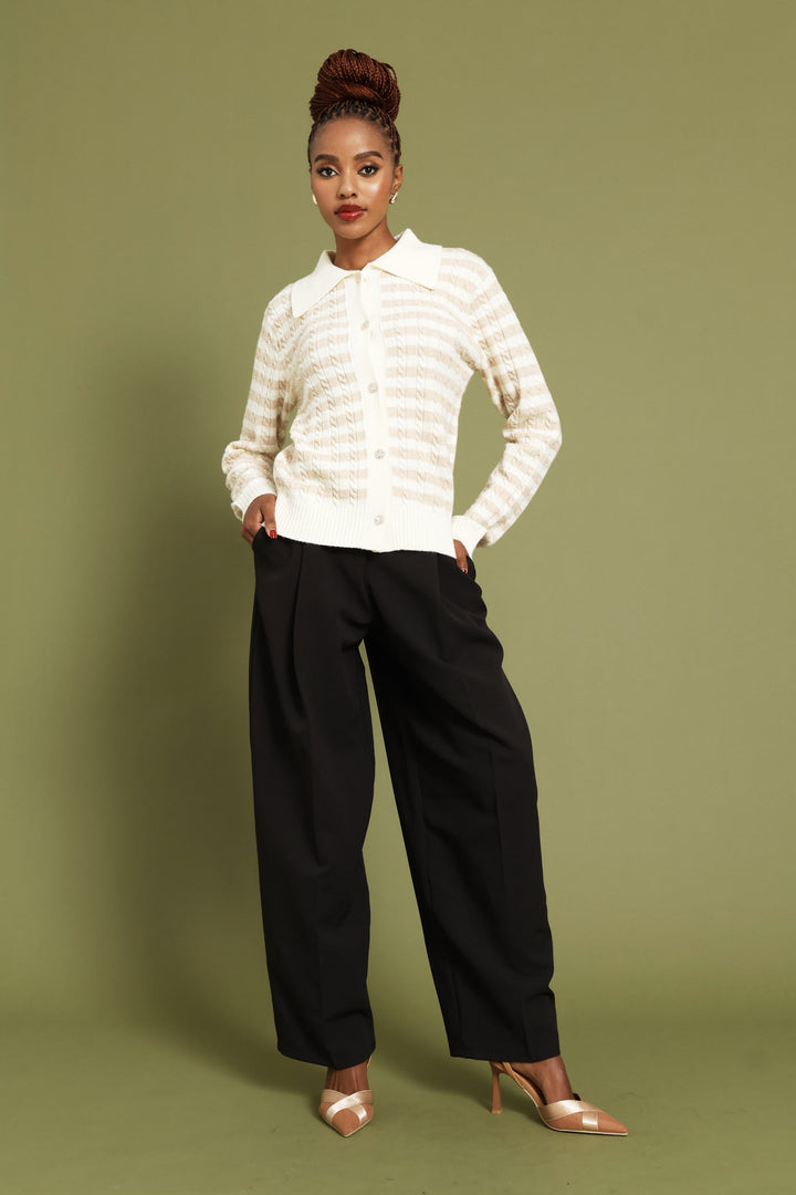Cable Striped Cardigan - Cream