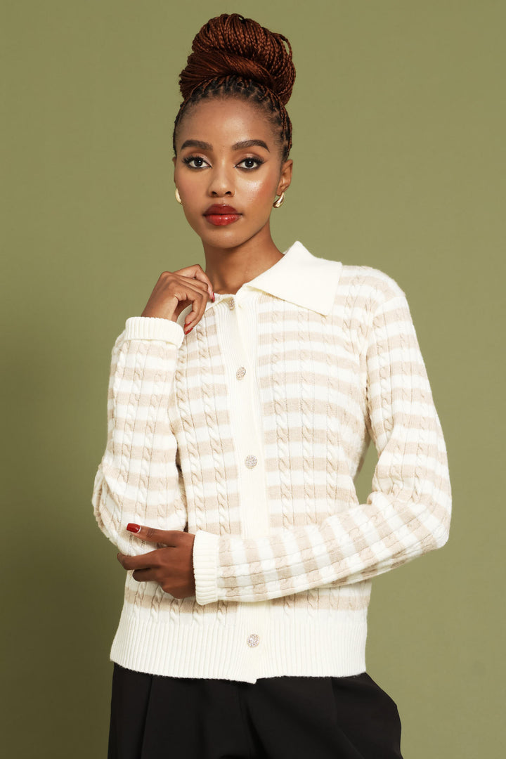 Cable Striped Cardigan - Cream