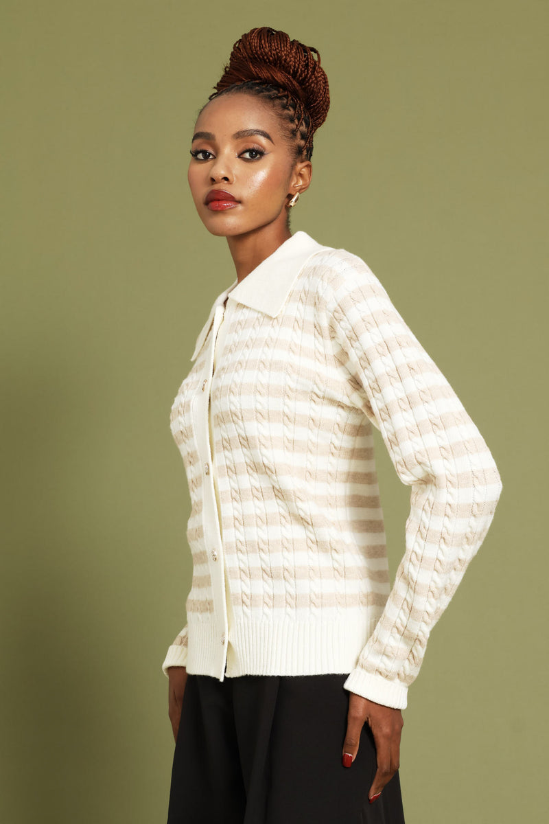 Cable Striped Cardigan - Cream