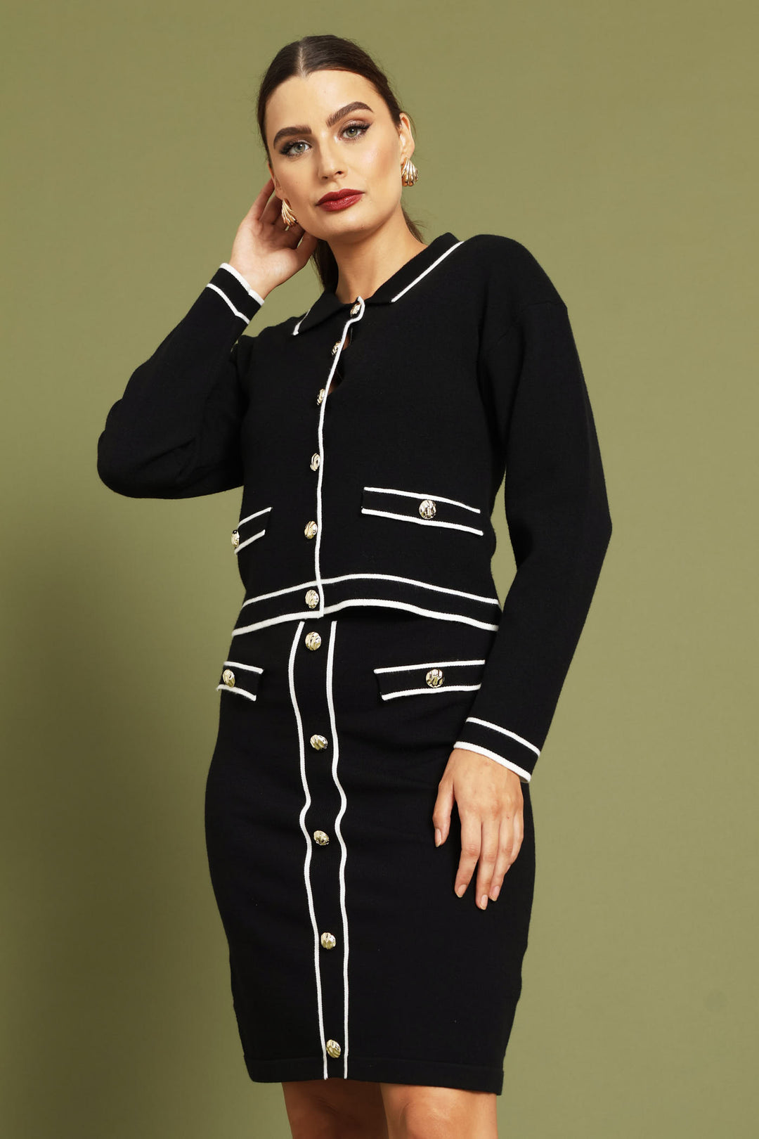 Preppy Contrast Collar Cardigan - Black/White