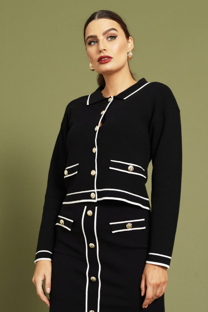 Preppy Contrast Collar Cardigan - Black/White