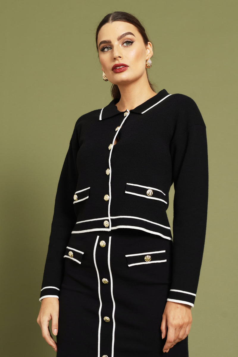 Preppy Contrast Collar Cardigan - Black/White