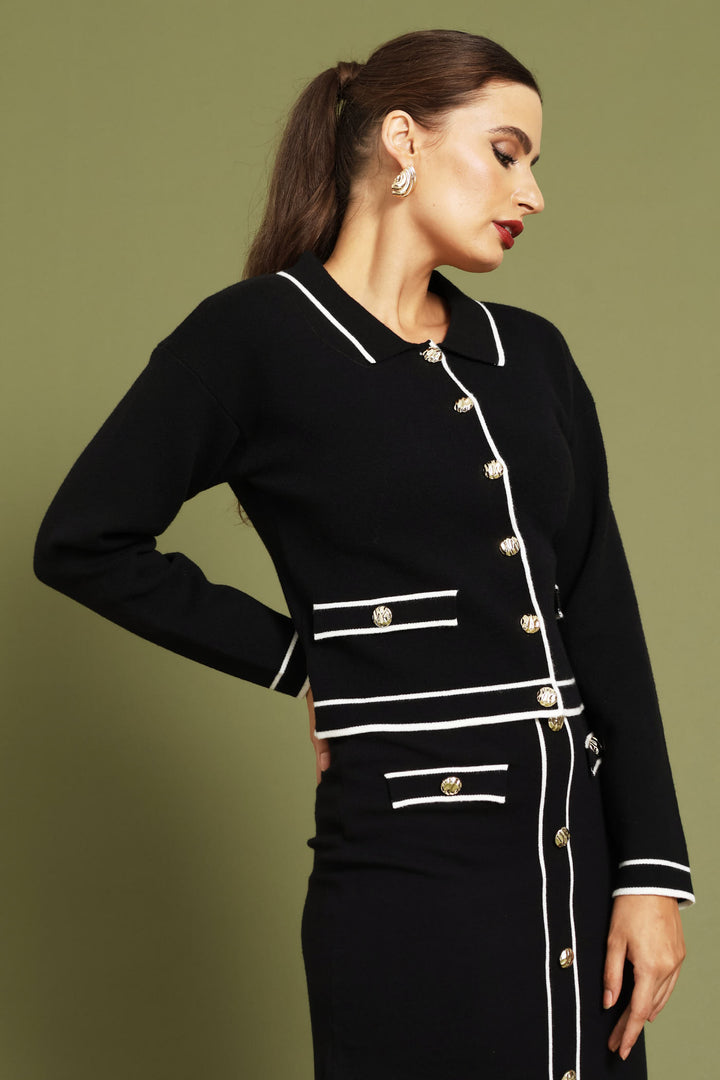 Preppy Contrast Collar Cardigan - Black/White