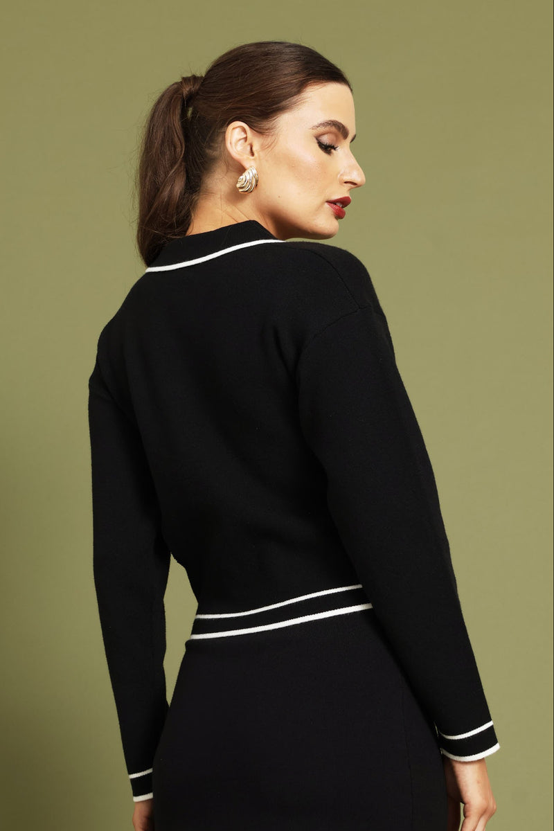 Preppy Contrast Collar Cardigan - Black/White