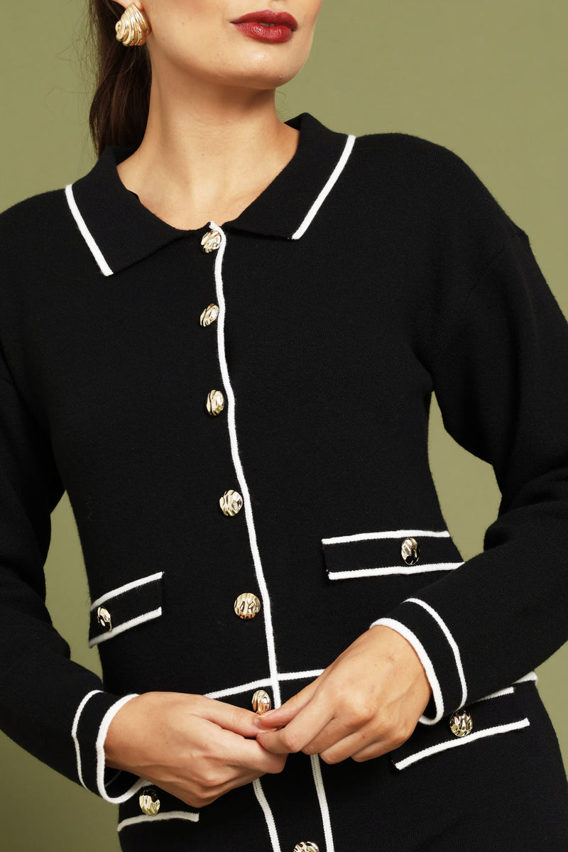 Preppy Contrast Collar Cardigan - Black/White