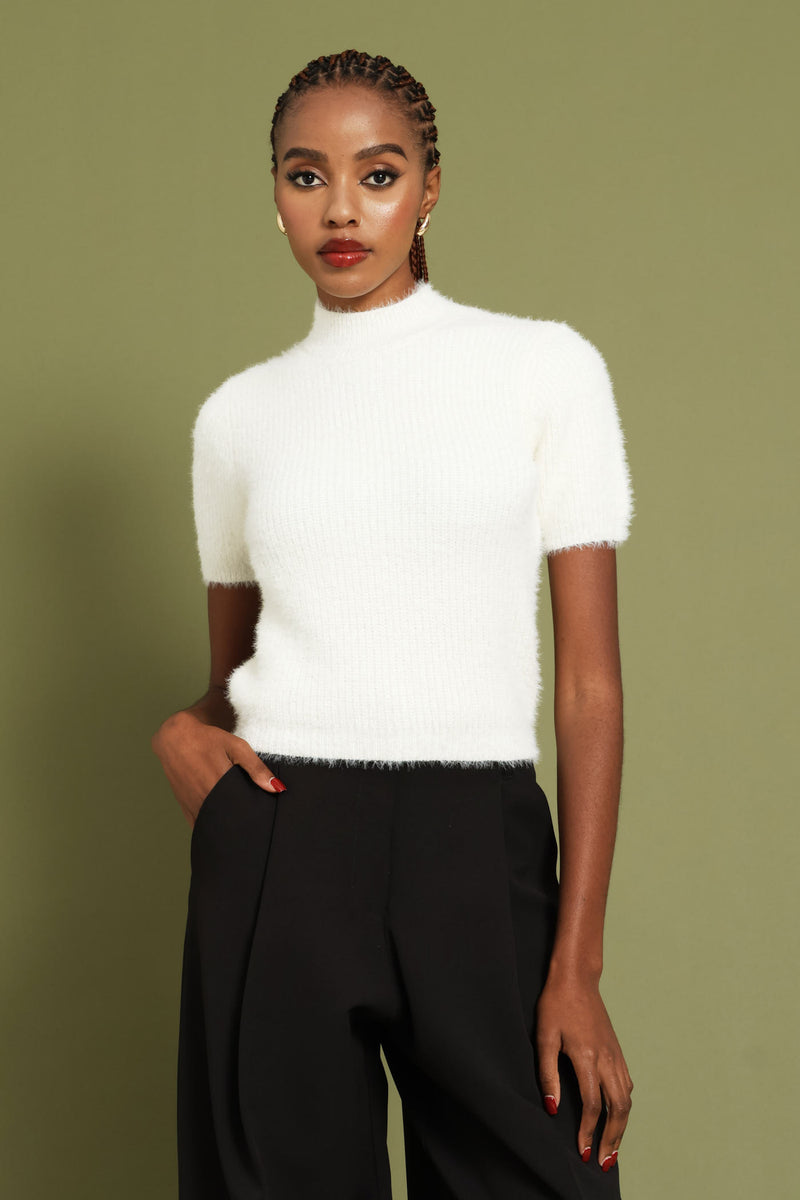 Short Sleeve Fluffy Pullover - Cream