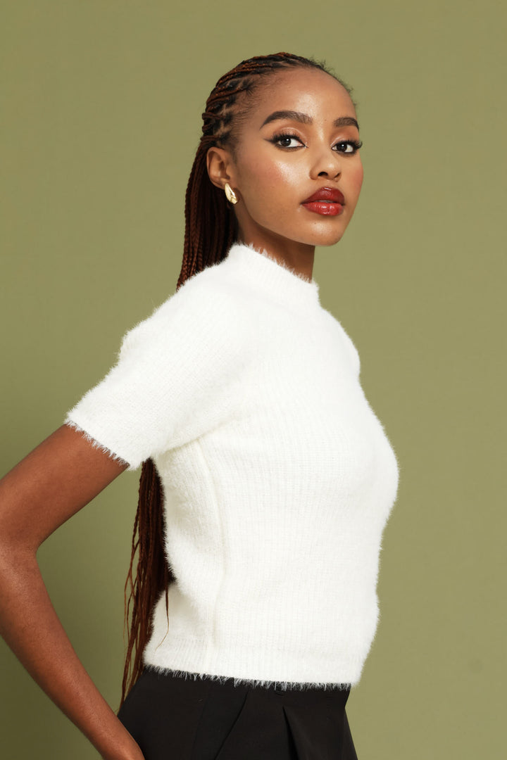 Short Sleeve Fluffy Pullover - Cream