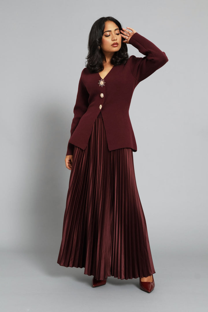 Pleated Satin Maxi Skirt  - Burgundy