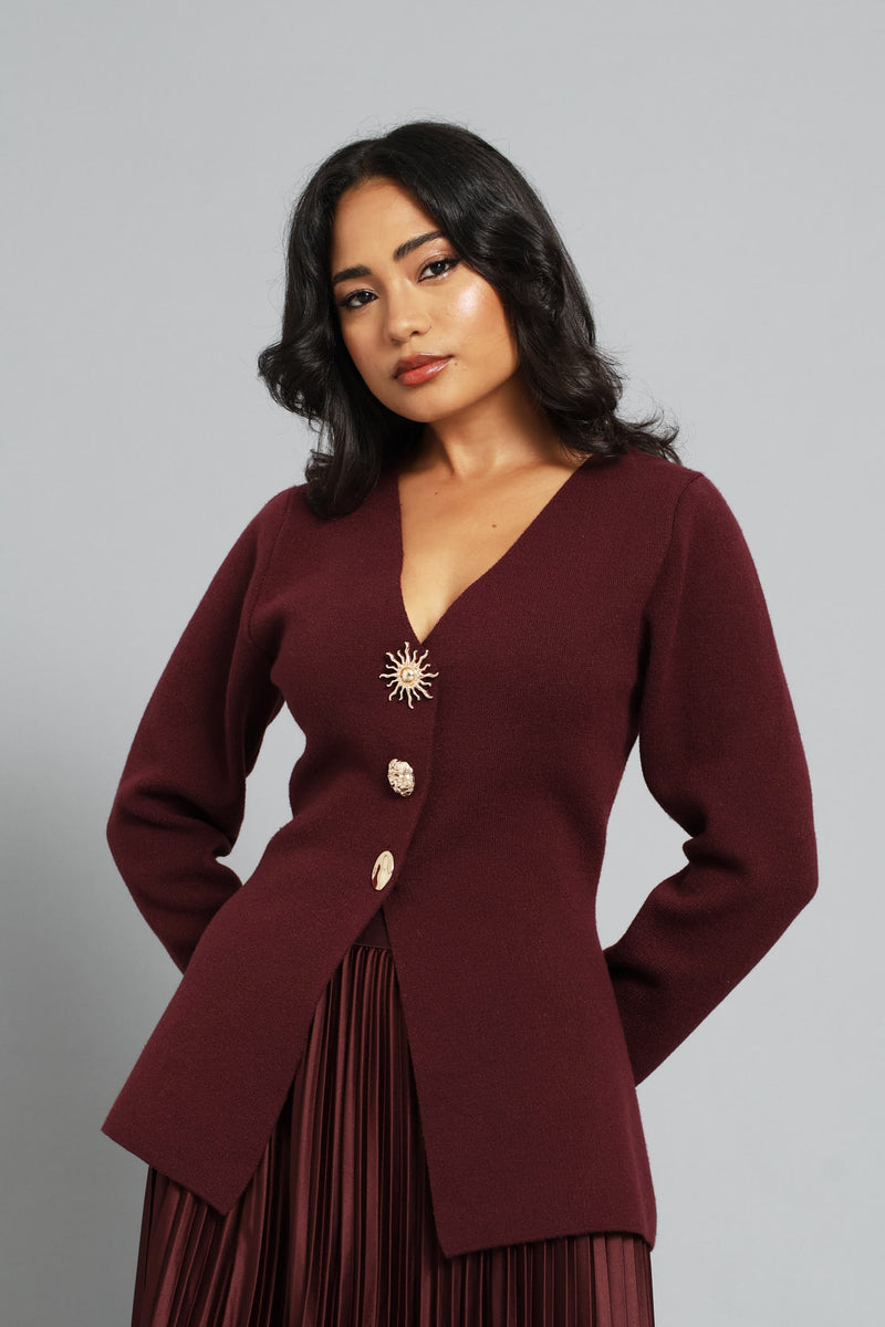 Long Sleeve Fancy Button Waistcoat - Burgundy