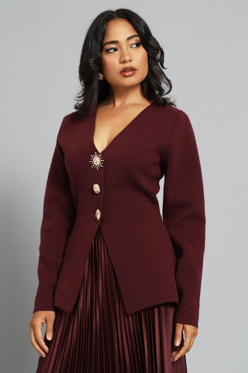 Long Sleeve Fancy Button Waistcoat - Burgundy