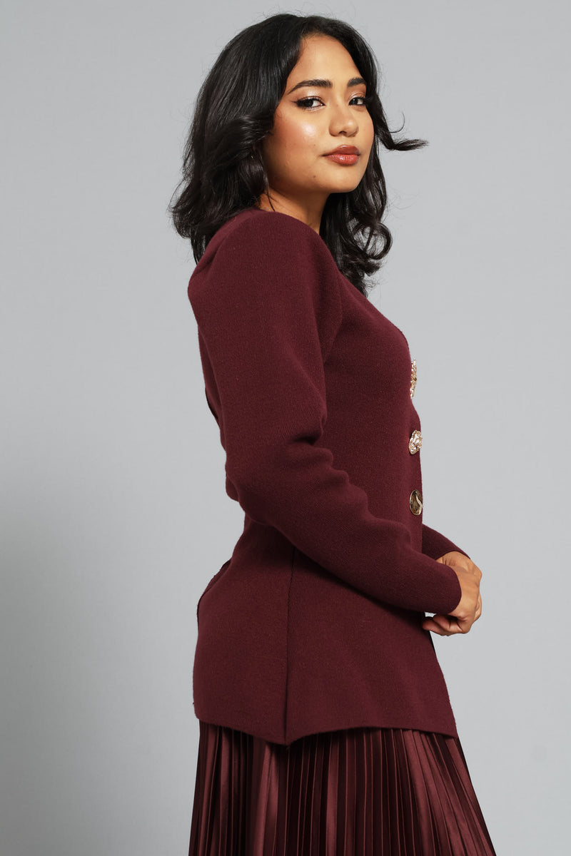 Long Sleeve Fancy Button Waistcoat - Burgundy