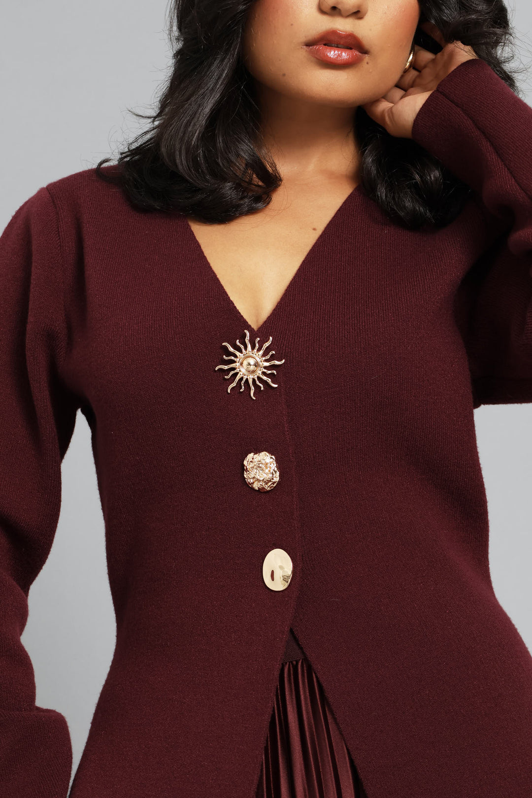 Long Sleeve Fancy Button Waistcoat - Burgundy