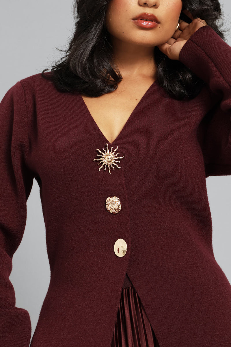 Long Sleeve Fancy Button Waistcoat - Burgundy