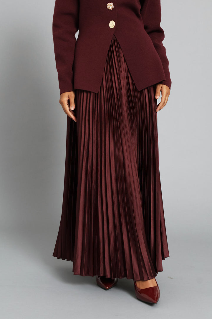 Pleated Satin Maxi Skirt  - Burgundy