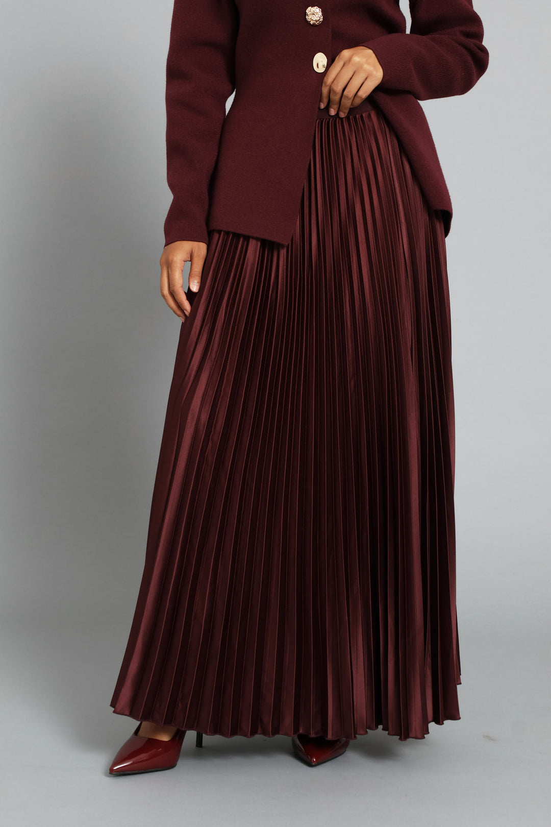 Pleated Satin Maxi Skirt  - Burgundy