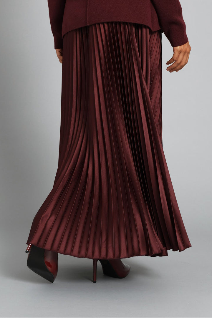 Pleated Satin Maxi Skirt  - Burgundy