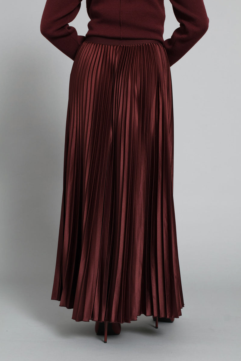 Pleated Satin Maxi Skirt  - Burgundy