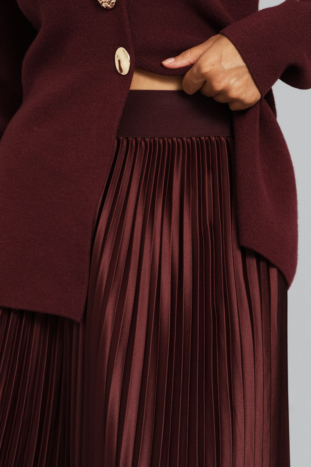 Pleated Satin Maxi Skirt  - Burgundy