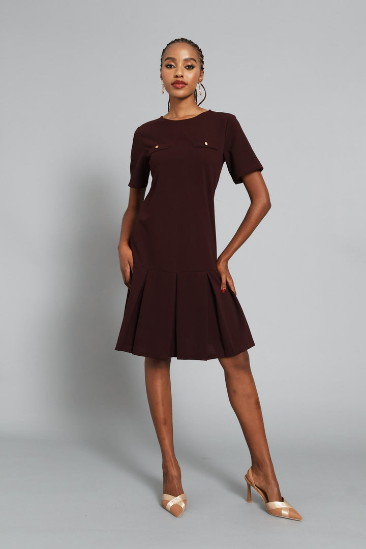 Box Pleated Hem Shift Dress - Burgundy