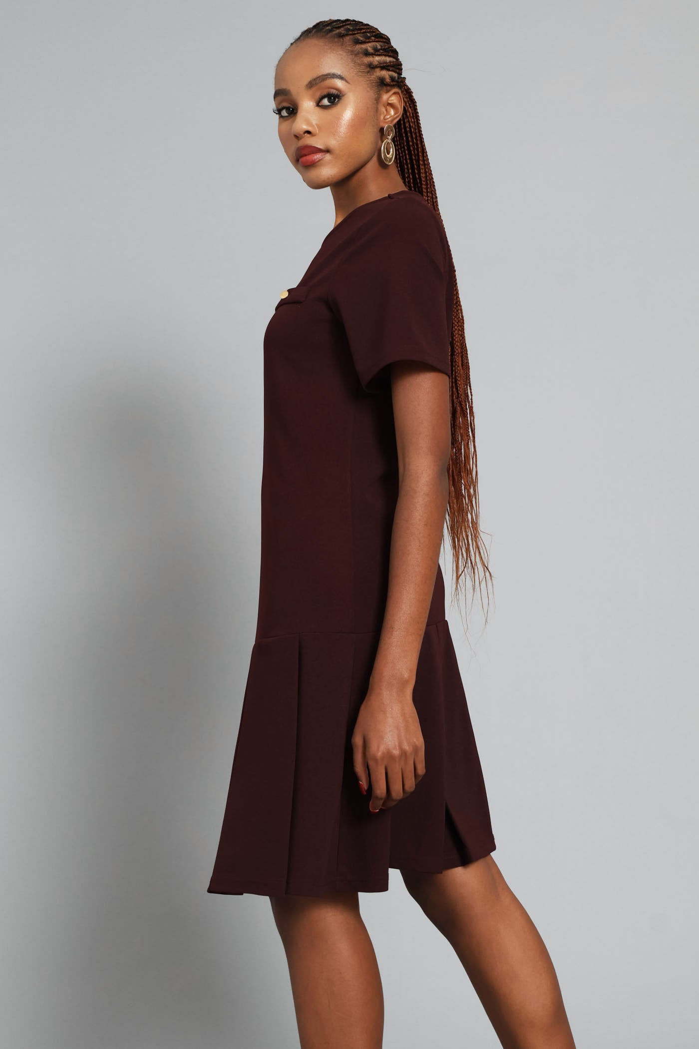 Ladies Box Pleated Hem Shift Dress - Burgundy – Edgars