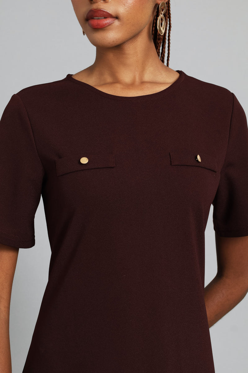 Box Pleated Hem Shift Dress - Burgundy