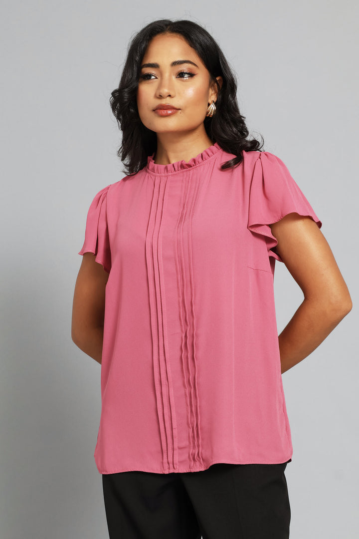 Pin Tuck Flutter Sleeve Blouse - Blush