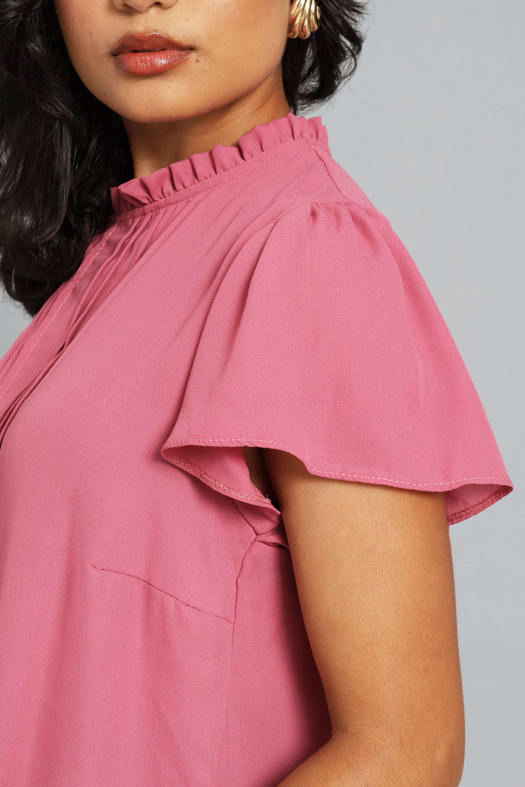 Pin Tuck Flutter Sleeve Blouse - Blush