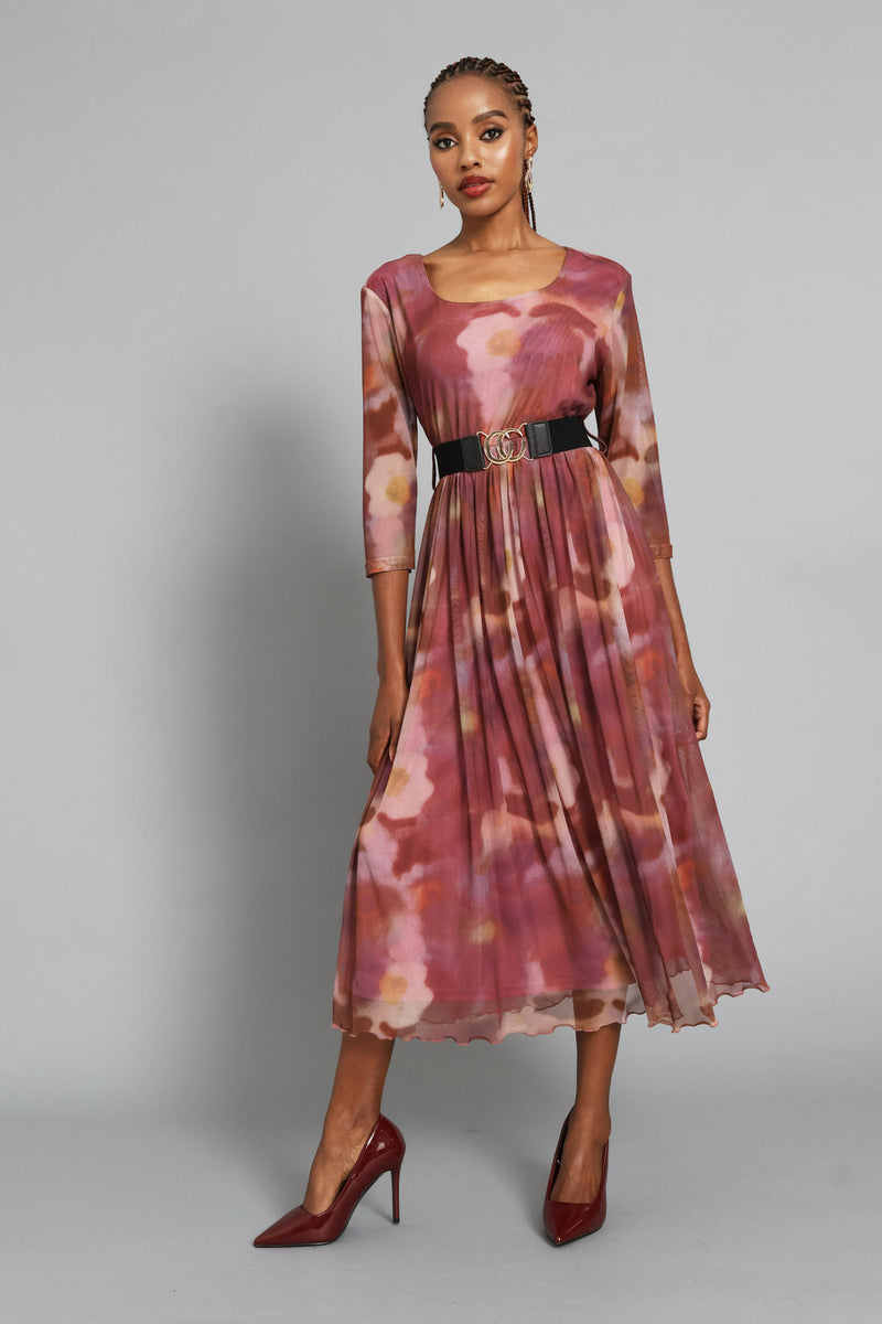 Tie Dye Belt Mesh Maxi Dress - Blush
