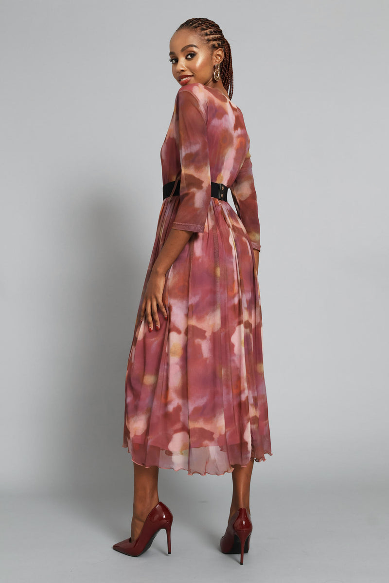 Tie Dye Belt Mesh Maxi Dress - Blush