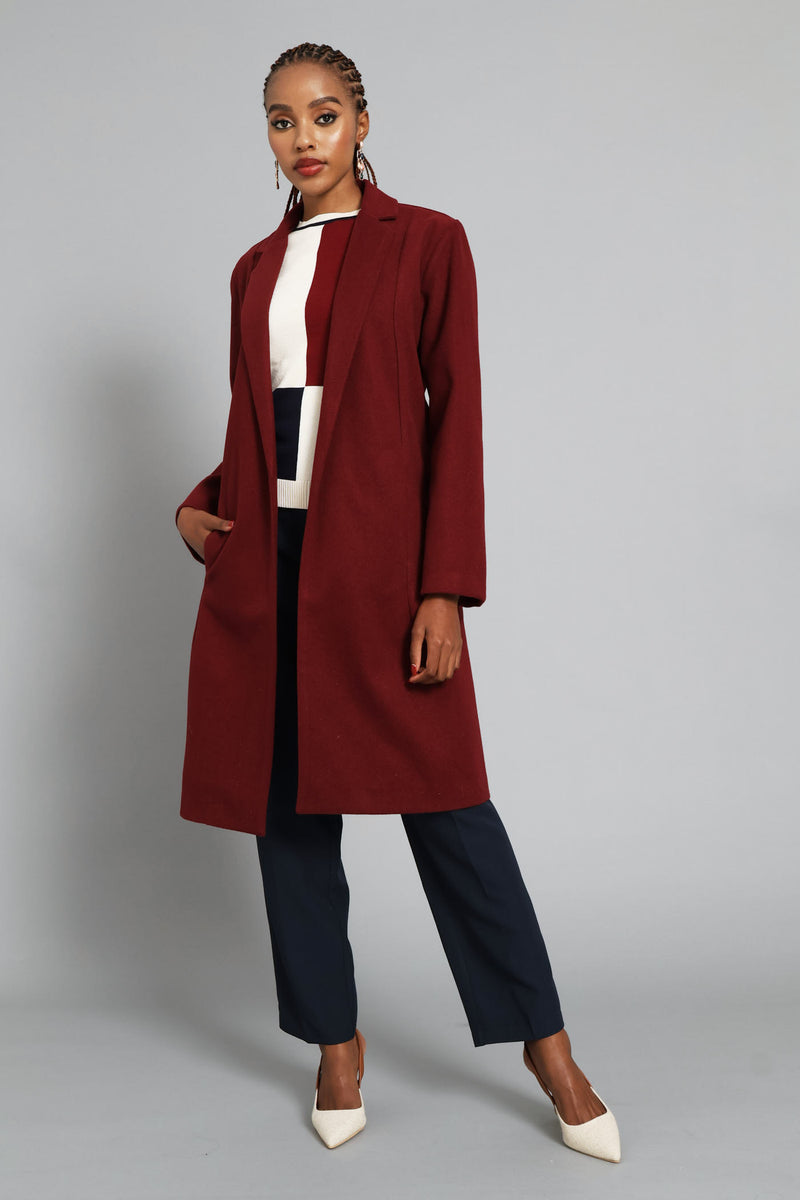 Basic Panelled Pocket Coat - Wine