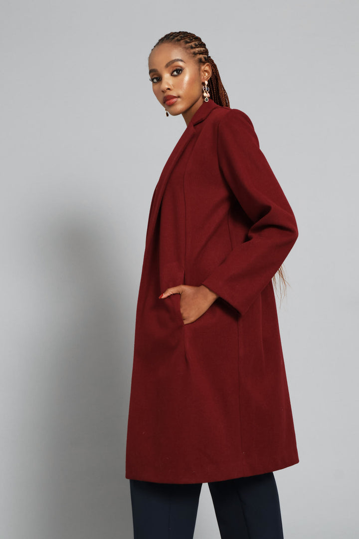 Basic Panelled Pocket Coat - Wine