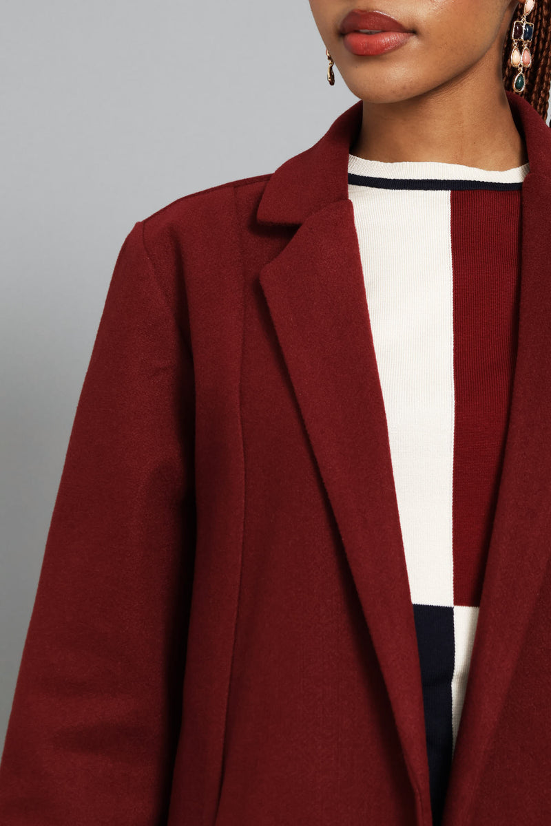 Basic Panelled Pocket Coat - Wine