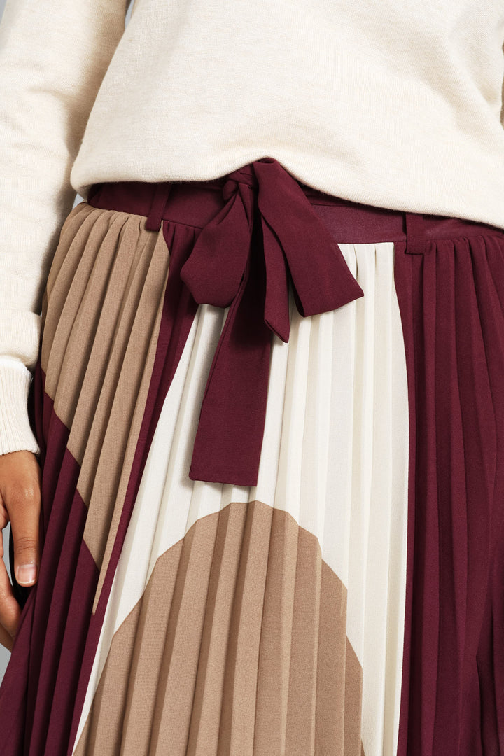 Jewel Chiffon Pleated Midi Skirt - Burgundy