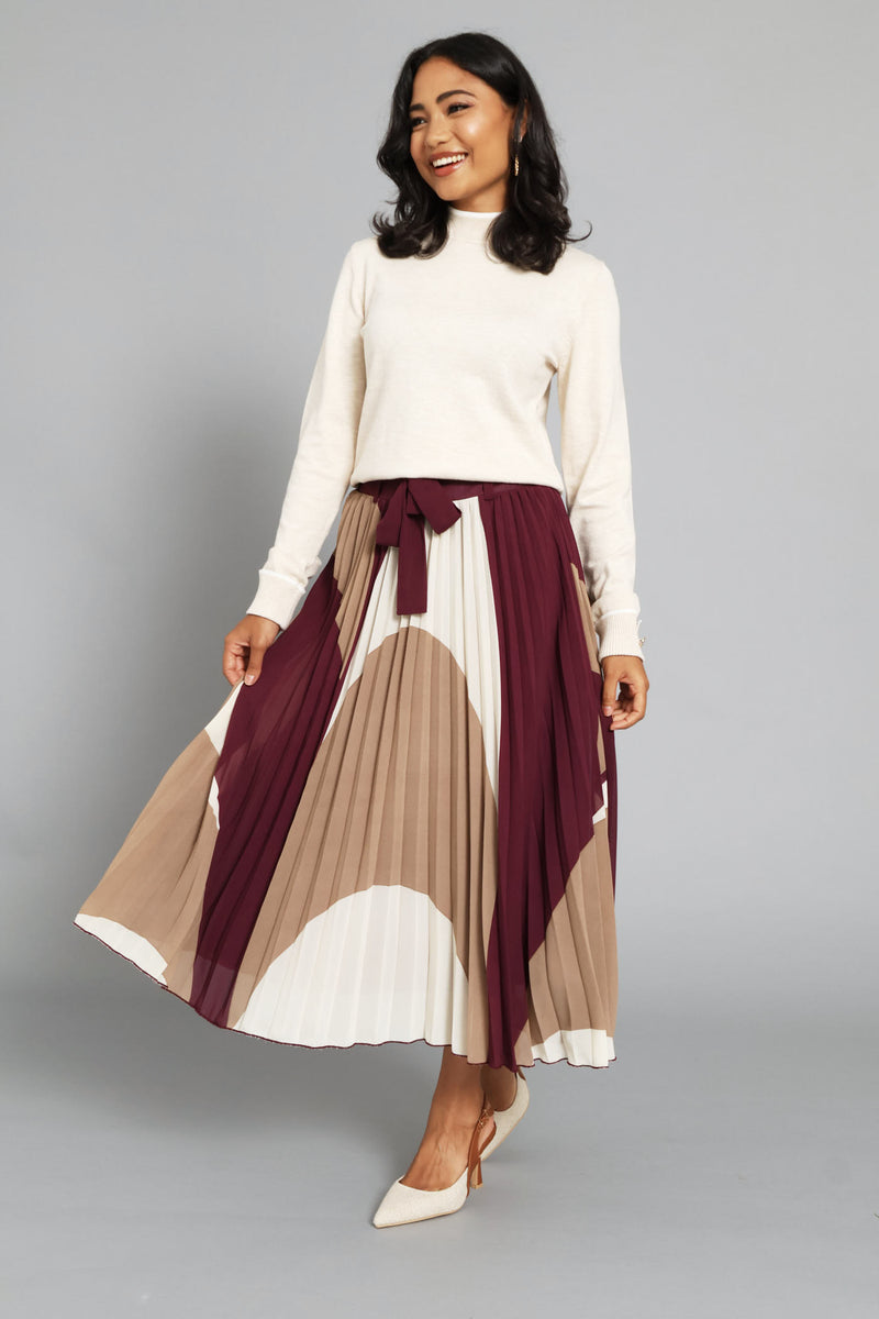 Jewel Chiffon Pleated Midi Skirt - Burgundy