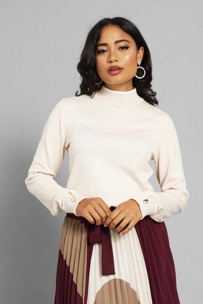 Turtleneck Turn Up Sleeve Pullover - Oatmeal
