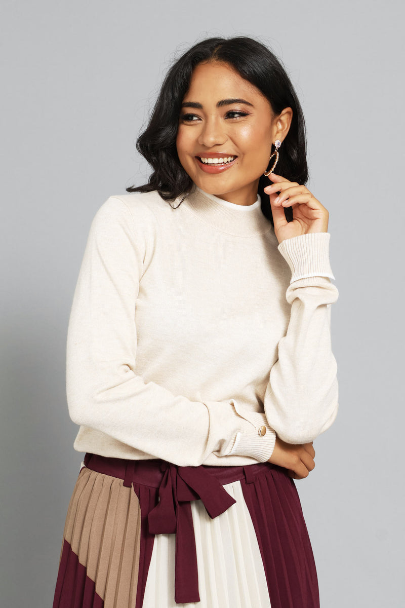 Turtleneck Turn Up Sleeve Pullover - Oatmeal