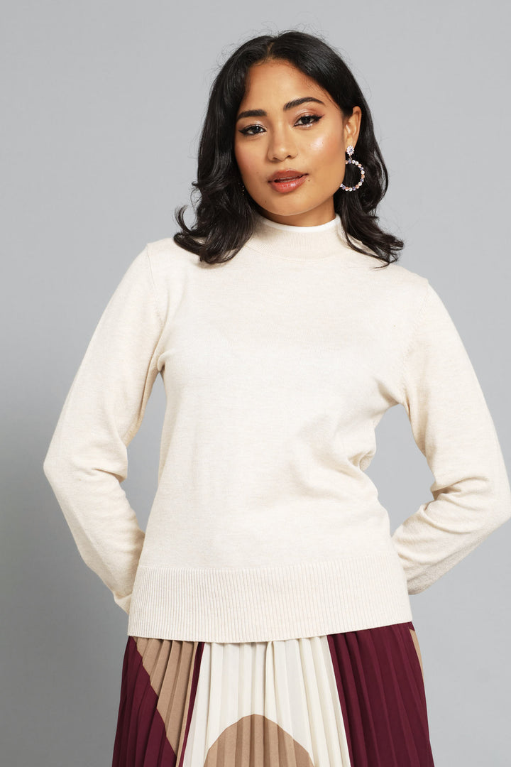 Turtleneck Turn Up Sleeve Pullover - Oatmeal