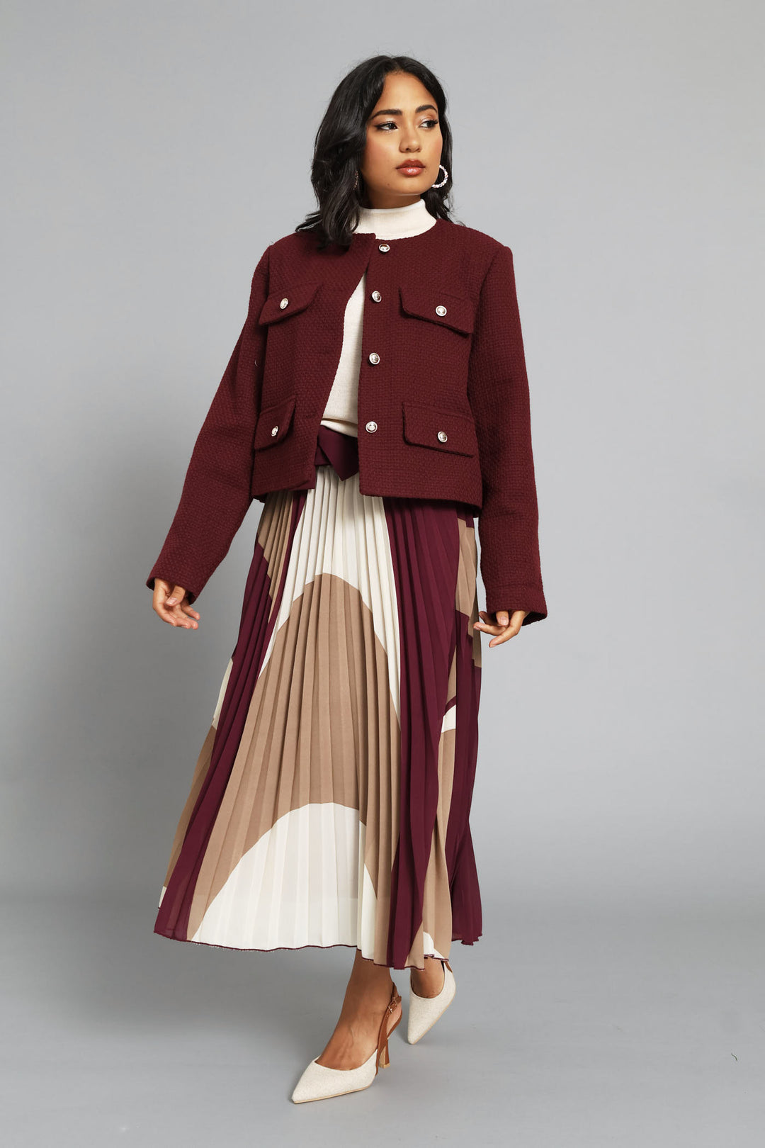 Collarless Tweed Blazer - Burgundy