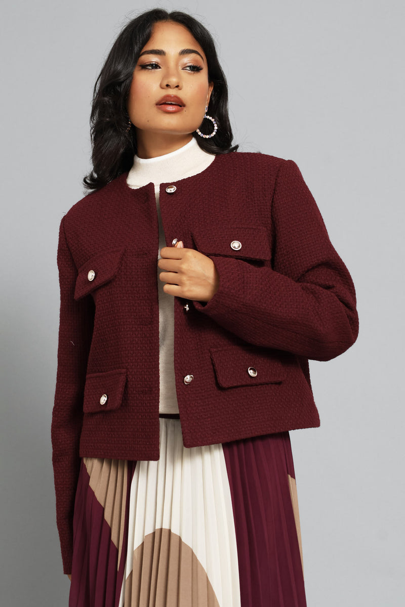 Collarless Tweed Blazer - Burgundy