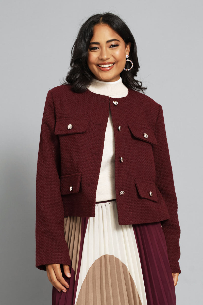 Collarless Tweed Blazer - Burgundy