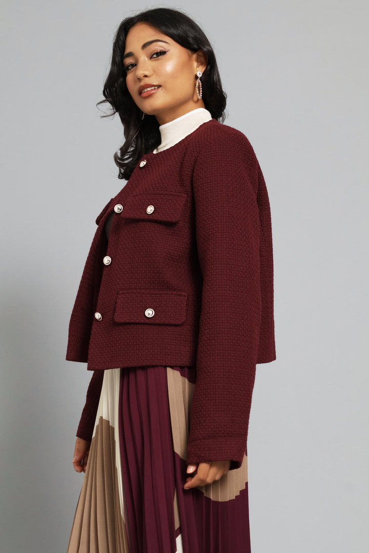 Collarless Tweed Blazer - Burgundy